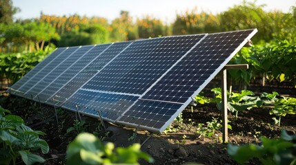 A solar panel array in a garden with green plants and trees in the background on a sunny day outdoors