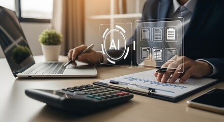 ai concept with business person analyzing data and using a calculator