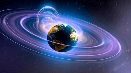 Wall Mural - a stunning visualization of earth surrounded by vibrant energy rings in a cosmic space setting