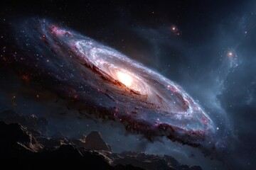 Wall Mural - bright spiral galaxy with swirling stars observed in deep space surrounded by cosmic dust during a c