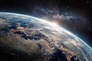 Wall Mural - planet earth viewed from outer space with civilization elements illuminated against the vast backdro