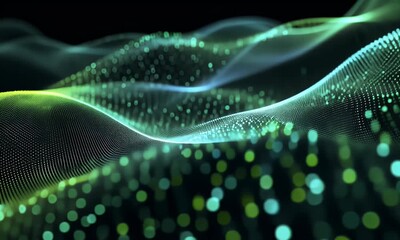 Wall Mural - abstract background with blue and green glowing dots in the shape of waves on a black background, a 