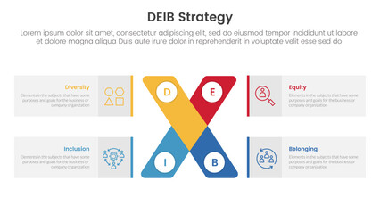 Wall Mural - deib diversity strategy infographic 4 point stage template with x cross shape and rectangle box for 