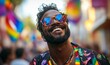 © Alok zone - Happy candid Black African American gay man celebrating Pride festival with rainbow flags. This candid image captures the joy and inclusivity of LGBTQ+ Pride celebrations, Generative AI