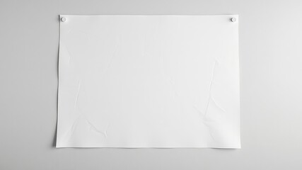 Blank white paper sheet attached to a wall with push pins, surface is wrinkled and ready for text or graphic design