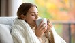 © The Subekti - A beautiful, ultra-realistic portrait of a woman with her eyes closed in a moment of blissful satisfaction as she takes the first sip of coffee from a large, unbranded ceramic mug