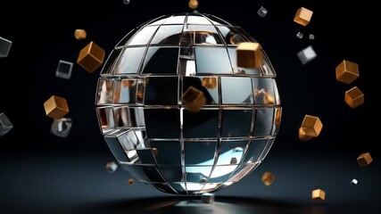 Abstract 3D Disco Ball with Floating Cubes on Dark Background
