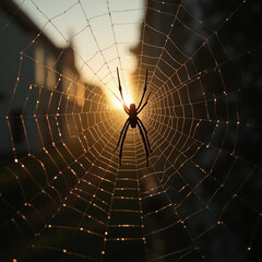 Wall Mural - Spider in a Dew-Covered Web at Sunrise