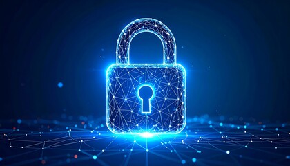 Glowing digital padlock on a network background
