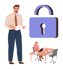 Wall Mural - businessman holding documents, large padlock symbolizing security, coworker working on laptop at des