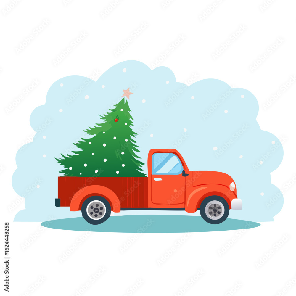 Red truck carrying a christmas tree isolated on white background