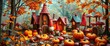 © Pair_chunteera - Whimsical gnome village nestled amongst autumn leaves, mushrooms, and pumpkins  Festive autumnal scene,  festive,  background