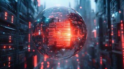 Futuristic Metallic Sphere with Glowing Red Lights Data Stream Concept