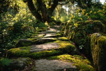 Wall Mural - mossy stones form a pathway through a lush green forest scene. use for natural backgrounds, travel, 