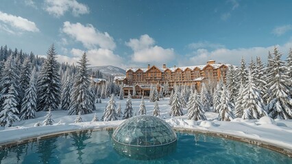 Wall Mural - a domed pool area in a hotel setting amid snowy woodlands and a winter sky