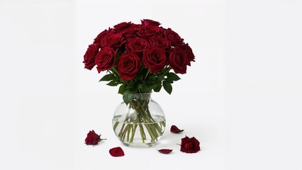 Canvas Print - vase holding vibrant dark red roses in bloom set against a white background
