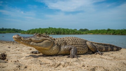 Wall Mural - mugger crocodile spotted and captured in a marshland