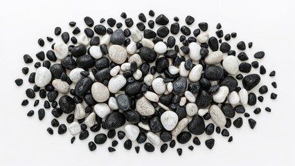 A collection of black and white pebbles arranged in a basket set against a white background in abstract style