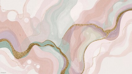 Wall Mural - artistic piece showcasing abstract forms painted in pastel shades and highlighted with gold