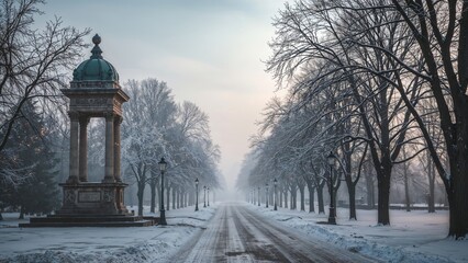 Wall Mural - winter landscape featuring a landmark surrounded by trees and illuminated paths