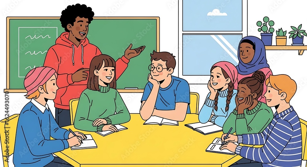 A diverse group of young students engaged in a collaborative learning ...