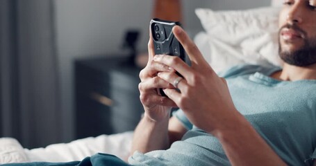 hands, phone and typing with man in bedroom for social media, text message update and relax. online 