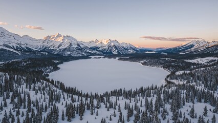 Wall Mural - bird's-eye view of an icy mountain lake surrounded by snowy pine forests