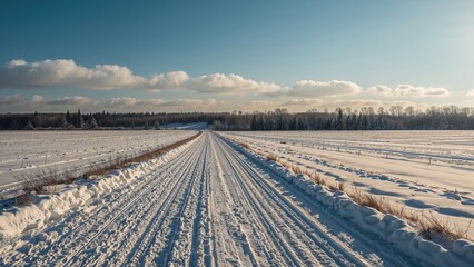 Wall Mural - a bulldozer carving a route through deep snow on open fields under sunny winter weather