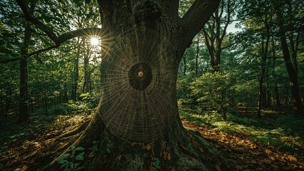Spider Web Encircling a Tree in the Woods