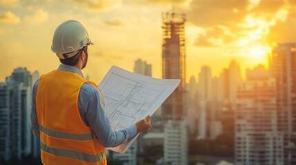 A civil engineer examines a blueprint on a construction site, wearing a safety helmet with urban buildings in the background, all under natural light.