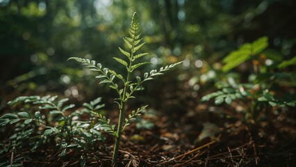 Wall Mural - detailed view of a young fern leaf amidst forest greenery
