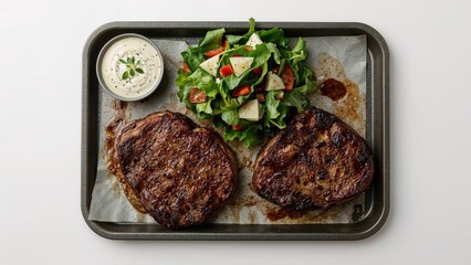 Wall Mural - top-down view of a tray holding grilled rib eye and fried sirloin ribs with a green salad on the sid