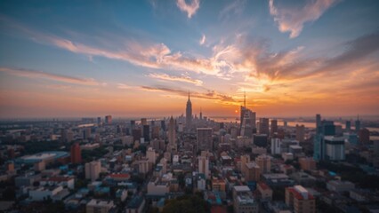 Wall Mural - global ecological awareness day theme with abstract blurred aerial cityscape at sunset