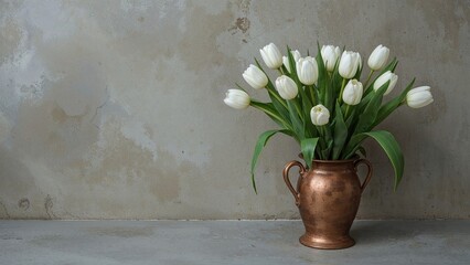 Wall Mural - White tulips arranged in a vintage copper container on a rough concrete surface, holiday ornamentation with room for text
