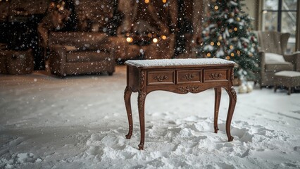 Wall Mural - snow-covered brown desk in the midst of winter