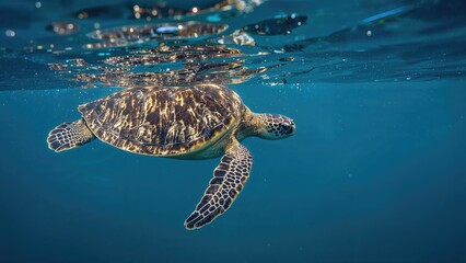 Wall Mural - the green turtle emerges briefly at the ocean surface to breathe before returning to the deep blue s