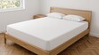 © AkuAku - Bedroom scene showing a double bed with a mattress corner visible, fitted sheet, and two pillows, placed on wooden flooring near a window. Bedside table located by the bed. Frontal photo appropriate