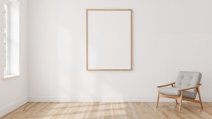 Wall Mural - minimalist living space showcasing a vacant frame on the wall beside a single chair.