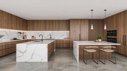 Wall Mural - luxury kitchen space featuring concrete floors, wooden counter surfaces, a white island in the cente