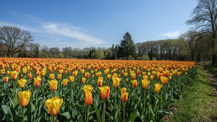 Wall Mural - A scenic landscape showcasing vibrant tulip flowers in full bloom against a serene blue sky
