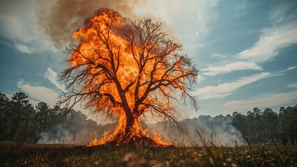 Wall Mural - dense smoke rises as a forest wildfire consumes trees, captured with a focused perspective
