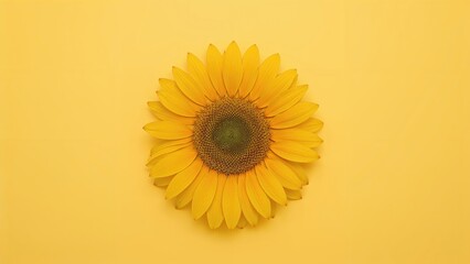 Wall Mural - Vivid yellow backdrop showcasing a fresh sunflower blossom. Aerial view, ideal for adding text. Represents the theme of harvest and farming. Natural flower background suitable for cards.