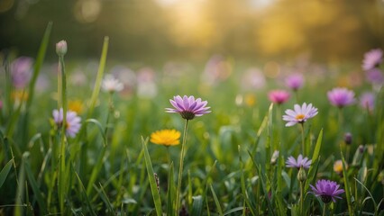Wall Mural - Selective focus on a flowering purple plant in a misty meadow