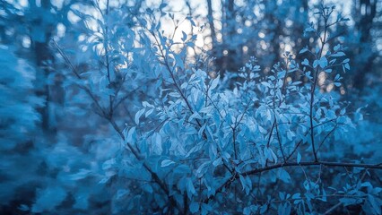 Wall Mural - out-of-focus leaves tinted blue against sky and water, captured with motion blur, artistic natural b