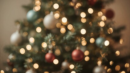 Wall Mural - festive tree adorned with a gentle blur and glowing bokeh effect