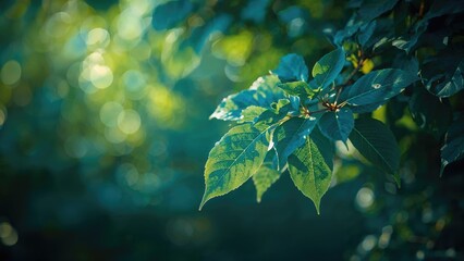 Wall Mural - vivid yellow light illuminates blue leaves with a stunning bokeh glow