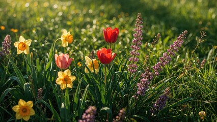 Wall Mural - Detailed view of a vibrant spring garden featuring daffodils, tulips, and lilacs basking in gentle sunlight