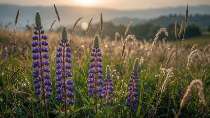 Wall Mural - Picturesque lupine blossoms in shades of blue and purple in a pastoral setting at sunset