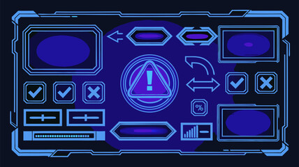 Futuristic blue interface display with icons, buttons, and data fields for technology systems