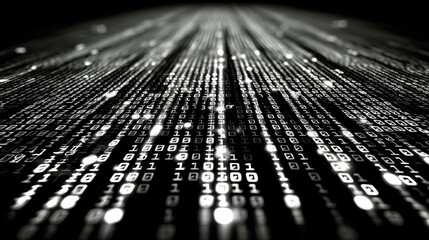 Symmetrical binary digits cascade down a dark background,